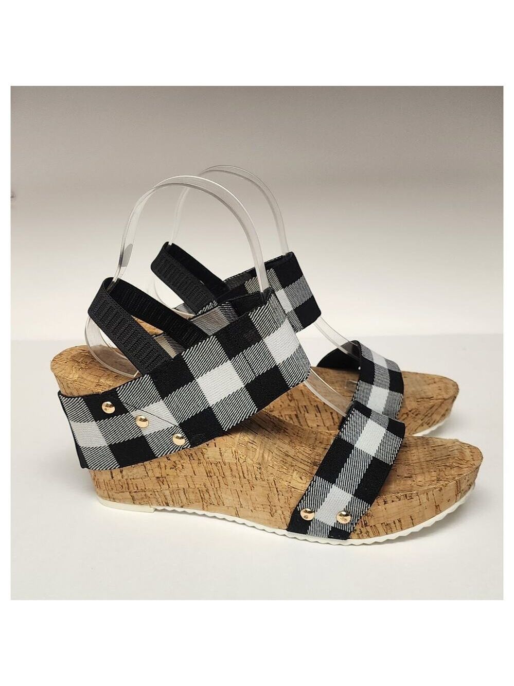 C Comfort Women's Plaid Wedge Heel  Slingback Sandal Shoes Black/White Size 10M